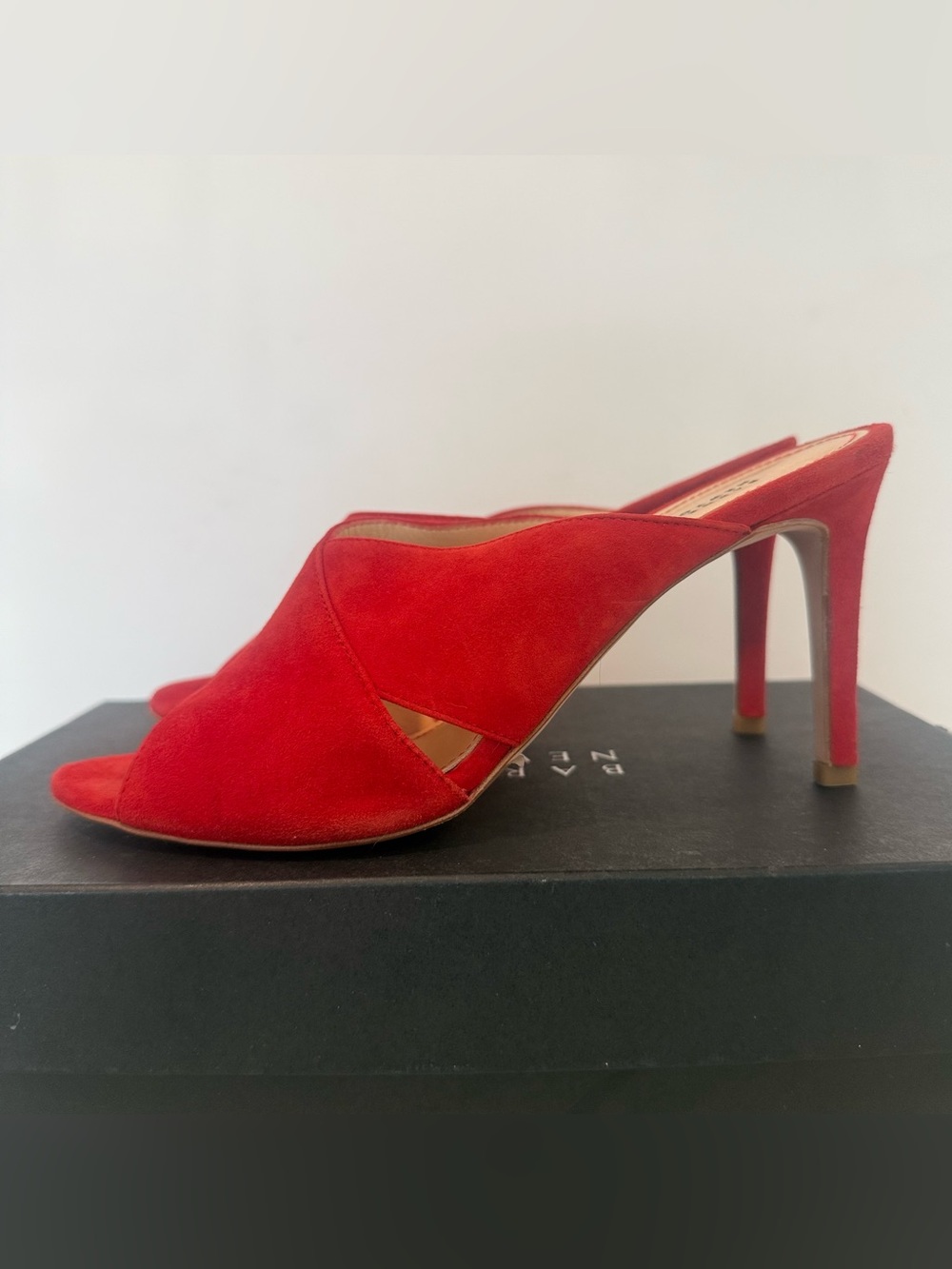 Barneys New York NEW Red Suede Open-Toe Mule Heels Size 38